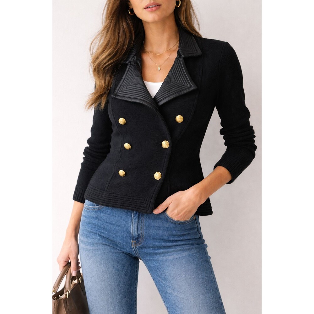 Lauren Ralph Lauren Black Knit Blazer Gold Button Military/Equestrian Women's M